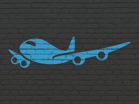 Tourism concept: Painted blue Airplane icon on Black Brick wall background