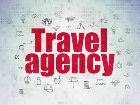 Travel concept: Painted red text Travel Agency on Digital Data Paper background with  Hand Drawn Vacation Icons