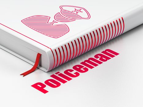 Law concept: closed book with Red Police icon and text Policeman on floor, white background, 3D rendering