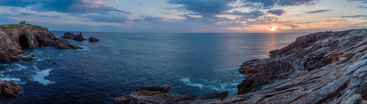 Panorama of the sunset over the blue sea in Quiberon