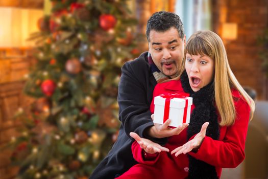Mixed Race Couple Sharing Christmas In Front of Decorated Tree.