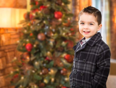 Handsome Mixed Race Caucasian and Hispanic Boy In Front of Christmas Tree.