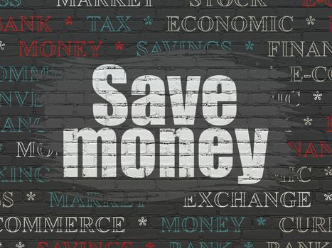 Money concept: Painted white text Save Money on Black Brick wall background with  Tag Cloud