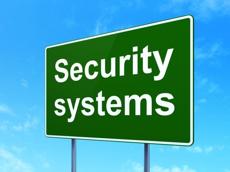 Security concept: Security Systems on green road highway sign, clear blue sky background, 3D rendering