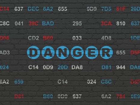 Privacy concept: Painted blue text Danger on Black Brick wall background with Hexadecimal Code