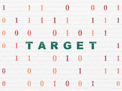 Finance concept: Painted green text Target on White Brick wall background with Binary Code