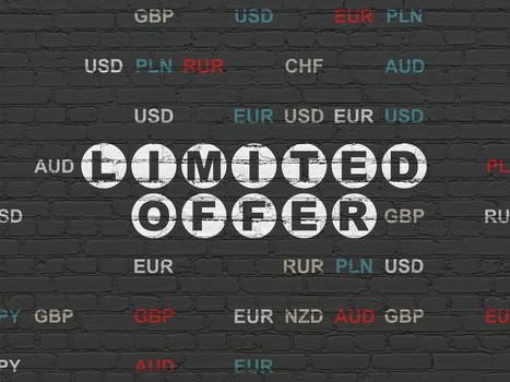 Finance concept: Painted white text Limited Offer on Black Brick wall background with Currency