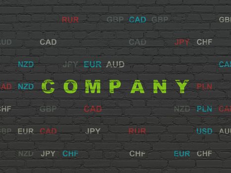 Business concept: Painted green text Company on Black Brick wall background with Currency