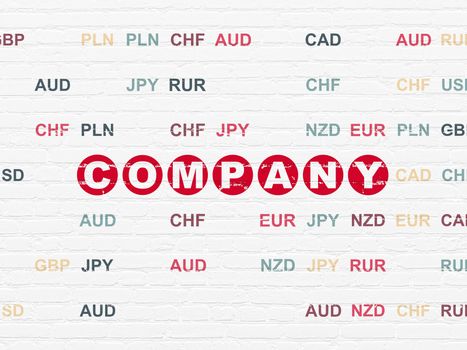 Finance concept: Painted red text Company on White Brick wall background with Currency