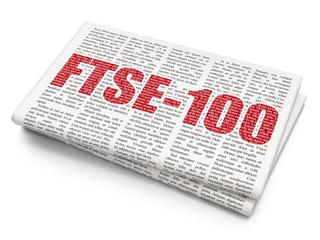 Stock market indexes concept: Pixelated red text FTSE-100 on Newspaper background, 3D rendering