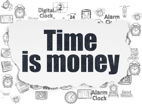 Time concept: Painted black text Time Is money on Torn Paper background with  Hand Drawing Time Icons