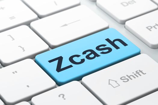 Cryptocurrency concept: computer keyboard with word Zcash, selected focus on enter button background, 3D rendering