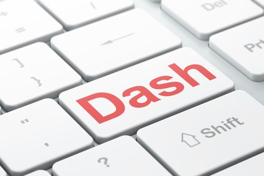 Blockchain concept: computer keyboard with word Dash, selected focus on enter button background, 3D rendering