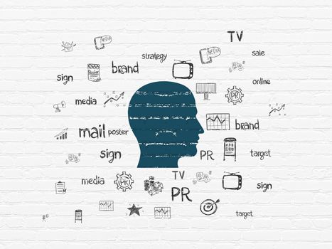 Marketing concept: Painted blue Head icon on White Brick wall background with  Hand Drawn Marketing Icons
