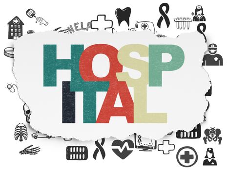 Health concept: Painted multicolor text Hospital on Torn Paper background with  Hand Drawn Medicine Icons