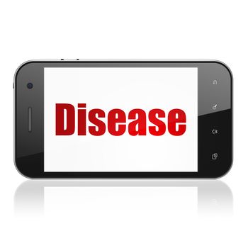 Medicine concept: Smartphone with  red text Disease on display,  Tag Cloud background, 3D rendering