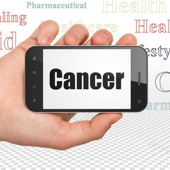 Health concept: Hand Holding Smartphone with  black text Cancer on display,  Tag Cloud background, 3D rendering