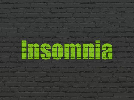 Medicine concept: Painted green text Insomnia on Black Brick wall background