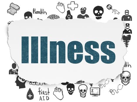 Health concept: Painted blue text Illness on Torn Paper background with  Hand Drawn Medicine Icons