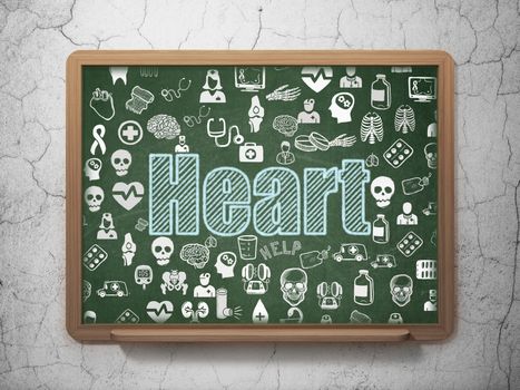 Medicine concept: Chalk Blue text Heart on School board background with  Hand Drawn Medicine Icons, 3D Rendering