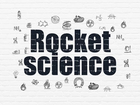 Science concept: Painted black text Rocket Science on White Brick wall background with  Hand Drawn Science Icons