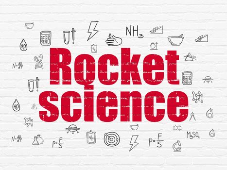 Science concept: Painted red text Rocket Science on White Brick wall background with  Hand Drawn Science Icons