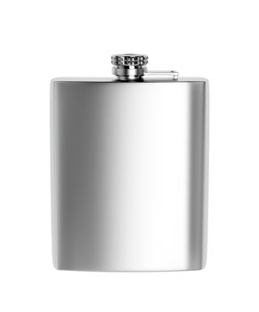 Front view of stainless steel hip flask, isolated on white background 