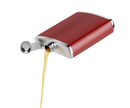 Pouring whisky or other alcoholic drink from hip flask, isolated on white 