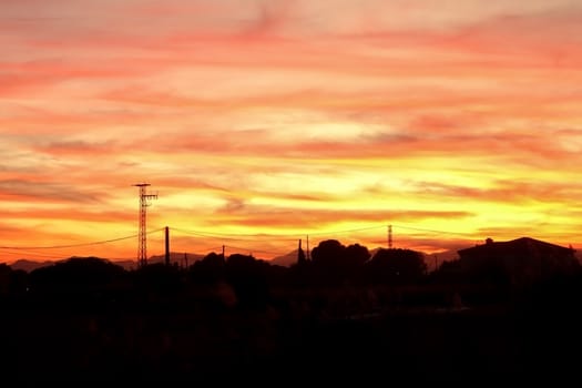 A nice red sunset in the middle of the field