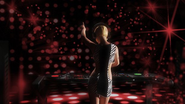 Young blonde woman dj playing music. DJ mixer on table. - 3D rendering
