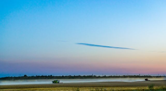 machine harvest wheat field, night moon mountains