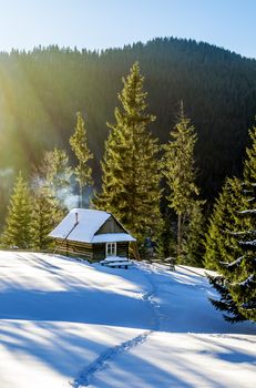 Wooden cottage on a snowy lawn in the mountains. The fir trees are covered with morning rays. Smoke coming out of the fireplace of the house. Winter in Ukrainian Carpathian Mountains.
