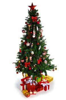 Decorated christmas tree and gifts isolated on white background