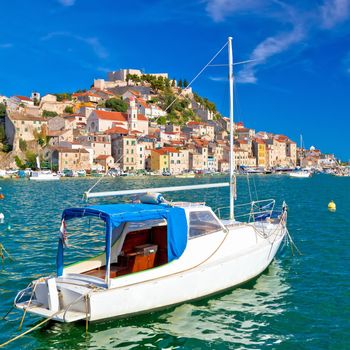 Town of Sibenik turquoise waterfront and boats view, Dalmatia, Croatia