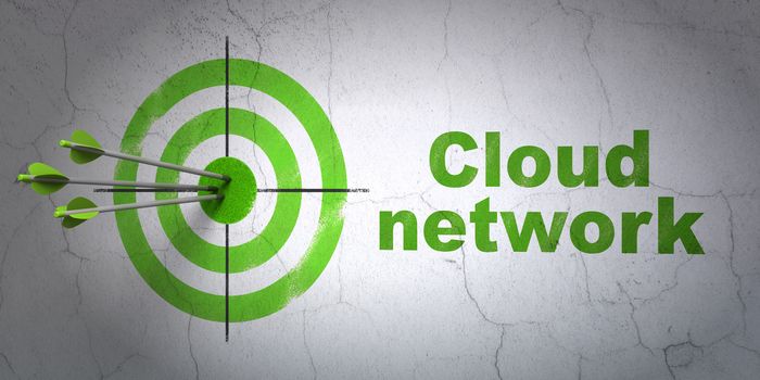 Success cloud networking concept: arrows hitting the center of target, Green Cloud Network on wall background, 3D rendering