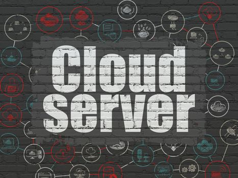 Cloud networking concept: Painted white text Cloud Server on Black Brick wall background with Scheme Of Hand Drawn Cloud Technology Icons