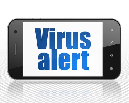 Safety concept: Smartphone with blue text Virus Alert on display, 3D rendering