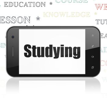 Education concept: Smartphone with  black text Studying on display,  Tag Cloud background, 3D rendering