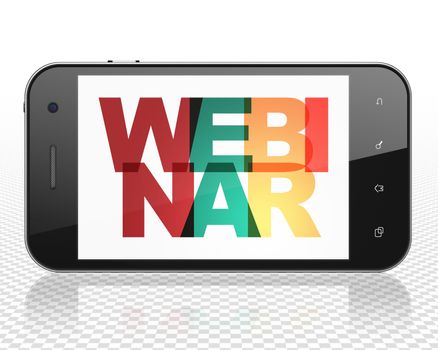 Studying concept: Smartphone with Painted multicolor text Webinar on display, 3D rendering
