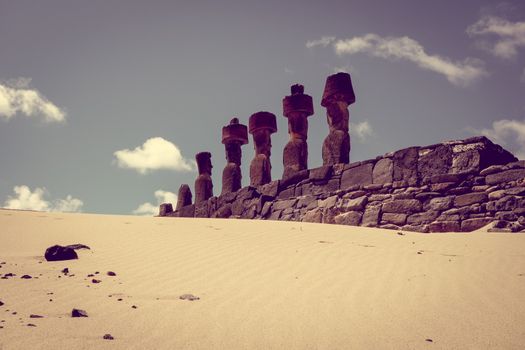 Moais statues site ahu Nao Nao on anakena beach, easter island, Chile