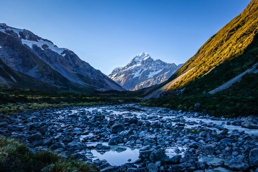 Glacial river at sunset, Aoraki Mount Cook, New Zealand