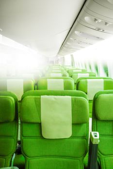 Green Airplane seats in cabin. Interior view