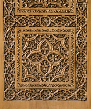 Close-up of a traditional carved wooden door, Uzbekistan