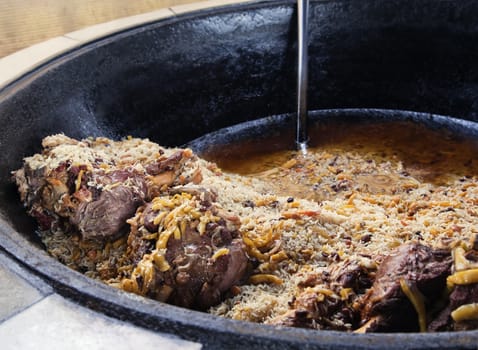 Close-up of cauldron with pilaf, Tashkent, Uzbekistan