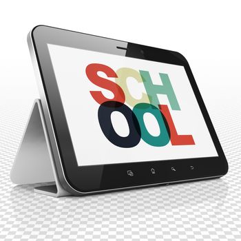 Education concept: Tablet Computer with Painted multicolor text School on display, 3D rendering