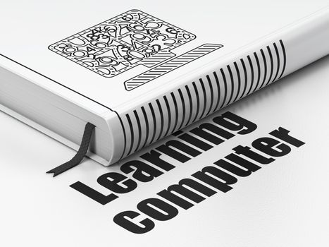 Learning concept: closed book with Black Computer Pc icon and text Learning Computer on floor, white background, 3D rendering
