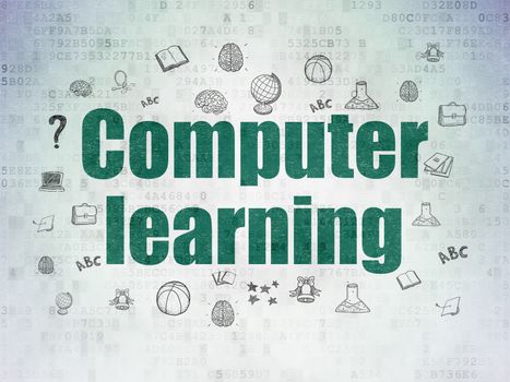 Studying concept: Painted green text Computer Learning on Digital Data Paper background with  Hand Drawn Education Icons