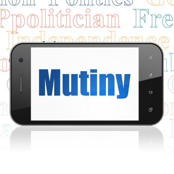 Politics concept: Smartphone with  blue text Mutiny on display,  Tag Cloud background, 3D rendering
