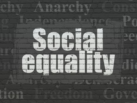 Politics concept: Painted white text Social Equality on Black Brick wall background with  Tag Cloud