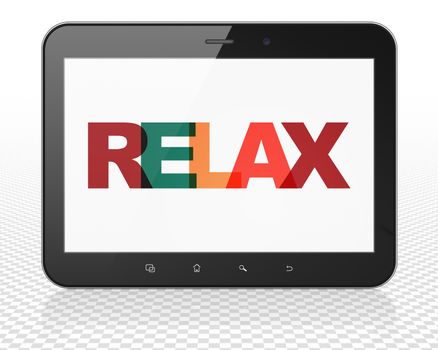 Entertainment, concept: Tablet Pc Computer with Painted multicolor text Relax on display, 3D rendering